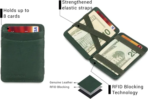 Vista 3 de Hunterson Cartera mágica minimalista para hombres con tarjetero RFID cartera de cuero para 8 tarjetas 08 verde Cartera RFID