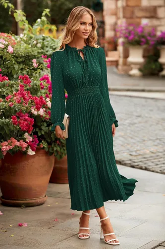 Vista 4 de PRETTYGARDEN Vestido midi de otoño 2024 para mujer, casual, manga larga, cuello en V, lunares suizos, plisado, acampanado, vestidos fluidos