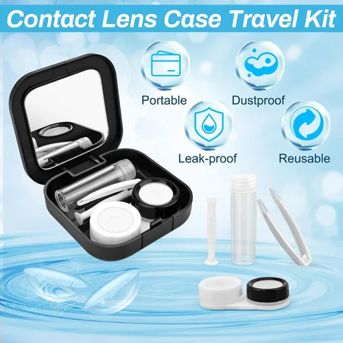 Vista 5 de Adecco LLC Kit de lentes de contacto para viajes: con espejo + botella + pinzas + contenedor, Negro