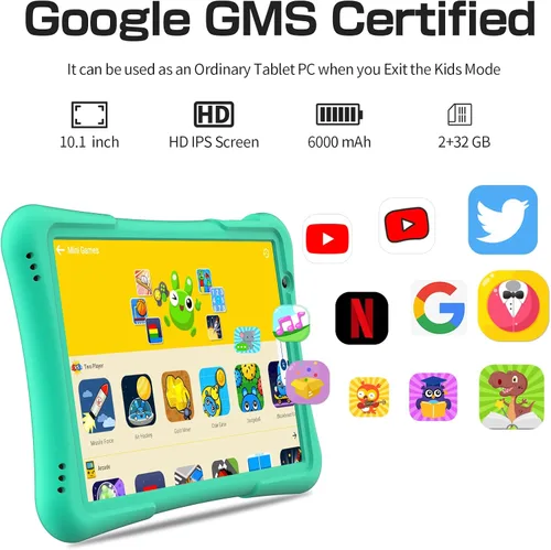 Vista 3 de PRITOM Tableta para niños de 10 pulgadas Android 14, 32GB, Quad-Core, 6000mAh, pantalla IPS HD grande, WiFi 6, cámara dual, Bluetooth, tableta