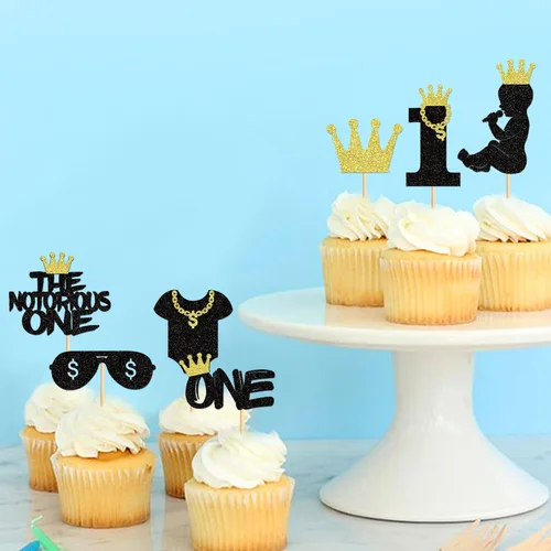 Vista 6 de Ercadio Paquete de 24 adornos para cupcakes The Notorious One con purpurina negra, Hip Hop, 1st Cupcake Picks The Big One, decoraciones para baby