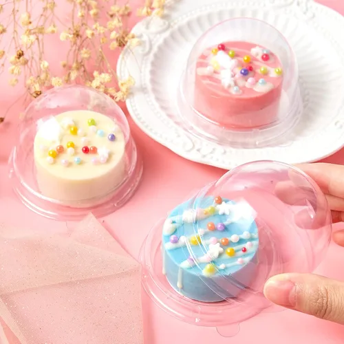 Vista 6 de TOFLEN Mini recipientes de postre con tapas de cúpula, 100 soportes individuales de plástico transparente para galletas, caja pequeña para mini