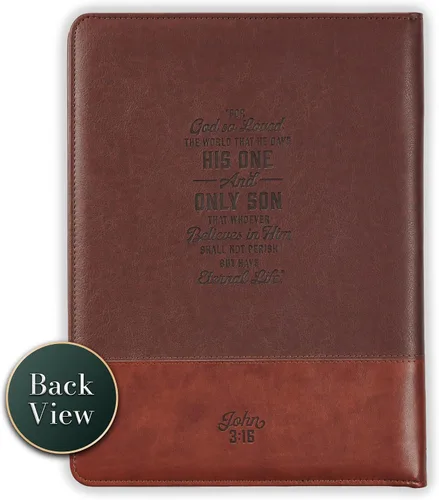 Vista 5 de Christian Art Gifts Juan 3:16 Cruz de dos tonos con cremallera marrón de piel sintética padfolio/cartera carpeta bloc de notas con un solo bolígrafo
