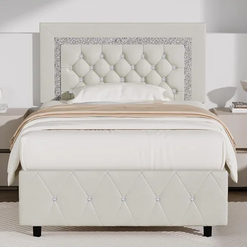 Vista 21 de BarnFurin Base de cama individual con cabecero, cama tapizada con diseño capitonado de diamante, marco de cama para niños con soporte de listones