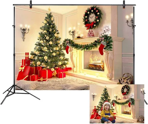 Vista 13 de LB Telones de fondo de chimenea de Navidad para fotografía de 5 x 3 pies, calcetines de árbol de Navidad, regalos de Año Nuevo, para niños