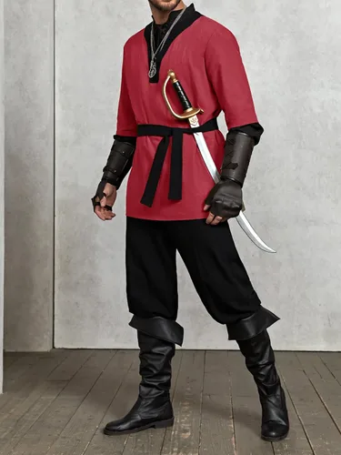 Vista 4 de Gafeng Disfraz de pirata medieval para hombre, túnica vikinga renacentista, Halloween, caballero, guerrero, retro, cosplay, LARP Tops