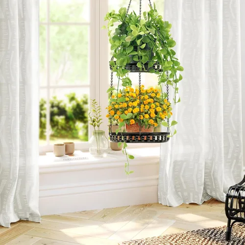 Vista 7 de Soporte para plantas colgantes para interior y exterior, estante para plantas colgantes de 2 niveles, soporte para plantas colgantes de metal