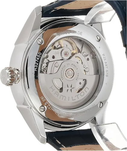 Vista 4 de Hamilton Jazzmaster Reloj automático suizo de 1.575in, esfera azul, correa de cuero azul (modelo H32475640), Azul Patchwork, Reloj automático