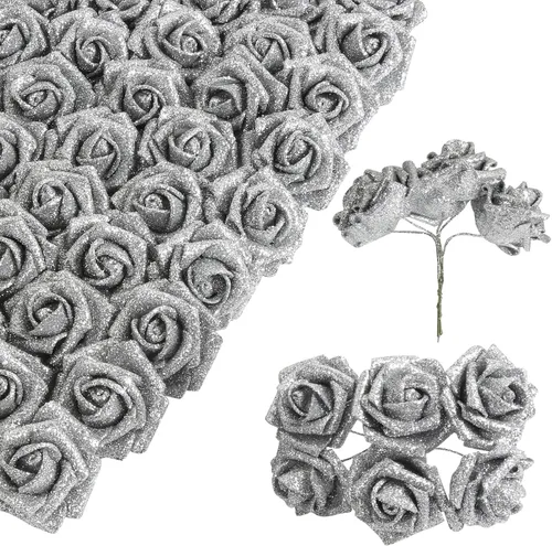 Vista 15 de Ramo de rosas negras con purpurina, 72 piezas de rosas artificiales de espuma con tallos para bricolaje, boda, hogar, fiesta, Navidad, Halloween 72