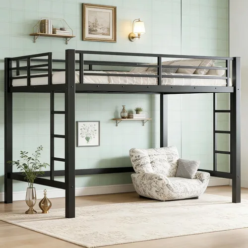 Vista 11 de Cama alta individual con escaleras, cama alta de metal individual con tapones antivibraciones y reducción de ruido, cama alta resistente