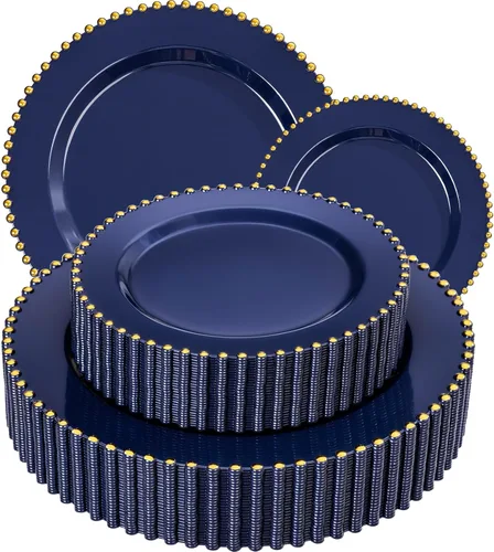 Vista 19 de ejonirinjonir EI 60 platos de plástico beige con borde dorado, platos desechables marfil, plato de plástico de lujo resistente, cena de 10 pulgadas