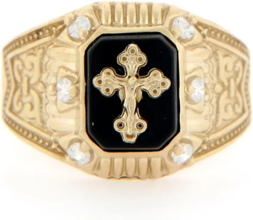 Vista 3 de Joyería liquidación 10k oro amarillo crucifijo Onyx CZ anillo religioso para hombre
