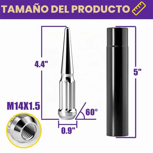 Vista 3 de Tuercas de taco con punta M14x1.5 24 piezas, tuerca de taco cromada con punta con llave de spline para Chevy Silverado 1500 GMC Sierra Yukon Tahoe