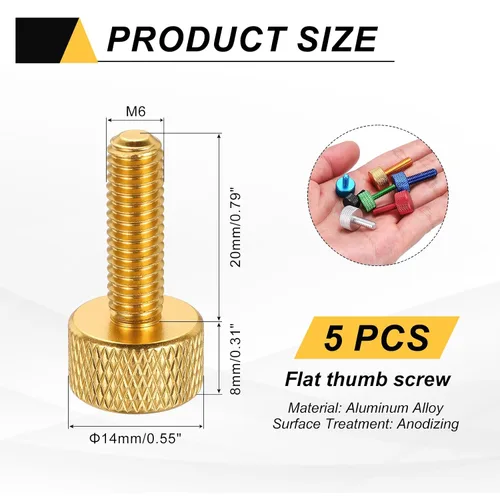 Vista 80 de MECCANIXITY 5 piezas M6x14mm Tornillos de pulgar estriado de cabeza plana, pernos de rosca completa de aleación de aluminio sólido para carcasas