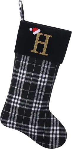 Vista 10 de Calcetines de Navidad personalizados con monograma inicial, adornos colgantes, medias clásicas de cuadros negros de 19 pulgadas, decoraciones
