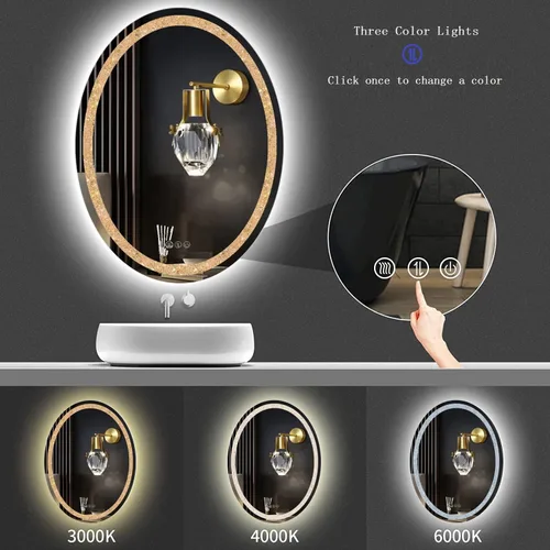Vista 3 de Espejo de baño de cristal LED ovalado de 20 x 30 pulgadas, espejo LED inteligente para baño, espejo de tocador iluminado con luz de 3