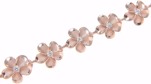 Vista 2 de Rosa de Oro 925Plata Hawaiian Fancy Plumeria Flor Tobillera CZ 8mm 9.5" +