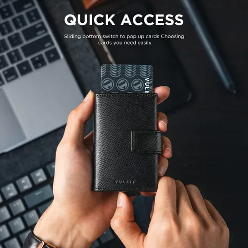 Vista 2 de VULKIT Cartera desplegable de piel auténtica, tarjetero automático de tarjetas de crédito con bloqueo RFID, cartera de bolsillo plegable con ranura
