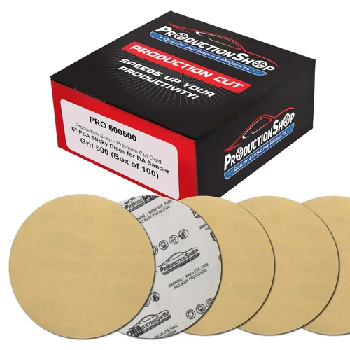 Vista 8 de ProductionShop Discos de lijado dorados PSA de grano 60 de 6 pulgadas, caja de 80 unidades, papel de lija abrasivo autoadhesivo para lijadoras