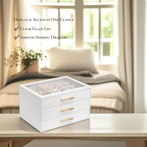 Vista 4 de Vlando - Joyero con 3 cajones y tapa de vidrio, organizador de cuero sintético para anillos, aretes, collares y más, estuche de joyería listo