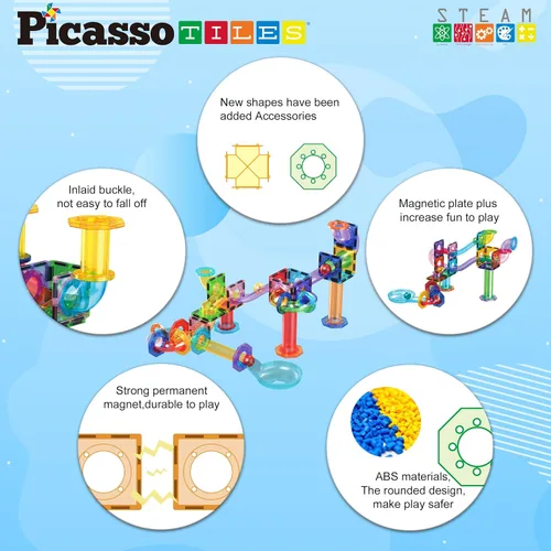 Vista 5 de PicassoTiles Carrera de Canicas Juego de 60 piezas, pista de carreras, bloques de construcción magnéticos, juguete educativo, kit de construcción