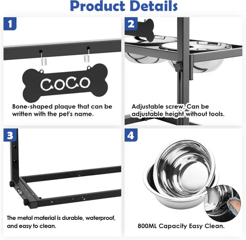 Vista 4 de Cuencos elevados para perros medianos y pequeños, 5 alturas ajustables, soporte elevado para perros con 2 cuencos de comida de acero inoxidable