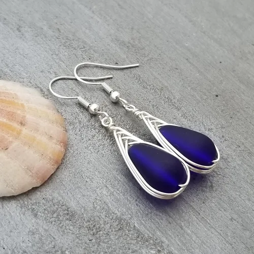Vista 6 de Yinahawaii Handmade Sea Glass Earrings, Hawaiian Jewelry, Wire Braided Earrings Teardrop Earrings, Beach Jewelry Sea Glass Jewelry For Women Cobalt