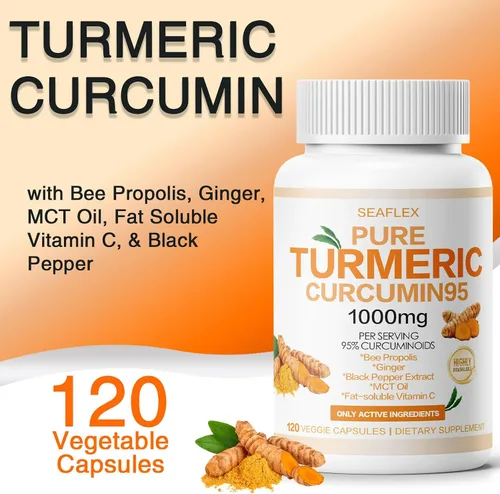 Vista 5 de Curcumina de cúrcuma 95 1000 mg, 95% complejo de curcuminoides con propóleo de abeja y bioperina, 120 cápsulas, suplemento de apoyo
