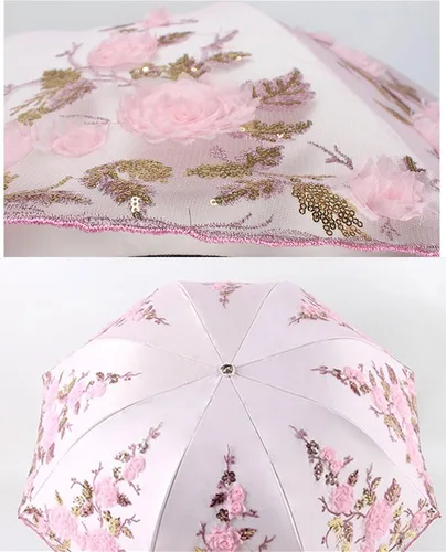 Vista 17 de Honeystore Sombrilla bordada con flor 3D plegable UV con encaje clásico