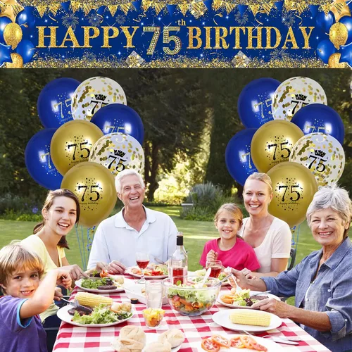 Vista 7 de Decoraciones de cumpleaños número 75 para hombres y mujeres, azul y dorado, pancarta de fiesta azul marino y dorado, 18 globos para 75 años