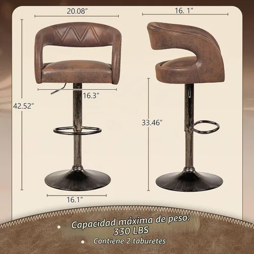 Vista 3 de [Usado] VECELO Juego de 2 taburetes de bar ajustables giratorios modernos de piel sintética, taburetes de barra con respaldo y brazos, para cocina