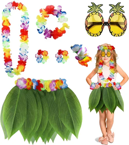 Vista 11 de PHOGARY 7 Pack Hawaiian Flower Leaf Hula Skirt Costume Accessory Kit for Hawaii Luau Party Azul