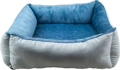 Vista 3 de Happycare Textiles - Cama para perro rectangular larga para mascotas con bordado de huella de perro, tamaño mediano, Azul con inserto ortopédico.
