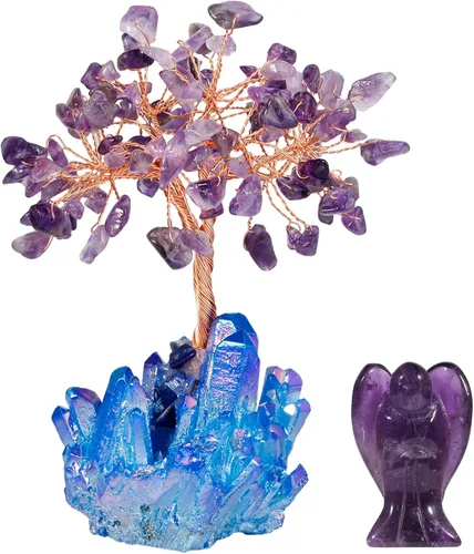 Vista 8 de mookaitedecor Figura decorativa de árbol de dinero de cristal de amatista y figura de ángel guardián para riqueza y suerte