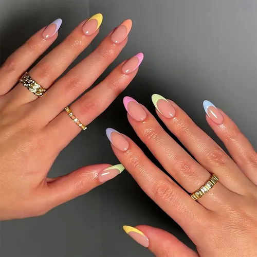 Vista 17 de Uñas postizas largas a presión de almendra, uñas postizas Aurora con punta francesa, 24 unidades, naturales, brillantes, cobertura completa
