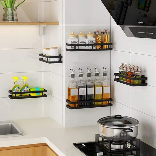 Vista 6 de qiuqiu Estante de almacenamiento de acero inoxidable montado en la pared, estante flotante negro, estante de especias para cocina, baño con varios