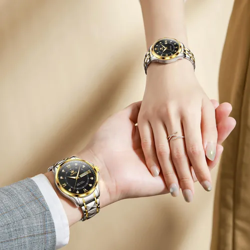 Vista 28 de OLEVS Reloj para parejas para él y ella, reloj analógico de cuarzo para hombres y mujeres, de acero inoxidable, impermeable, luminoso, fecha, reloj