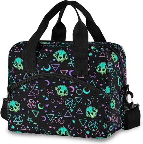 Vista 23 de MNSRUU Bolsa de almuerzo aislada murciélagos y flores vintage mujeres hombres tela tote enfriadora para cena bolsa reutilizable a prueba de fugas