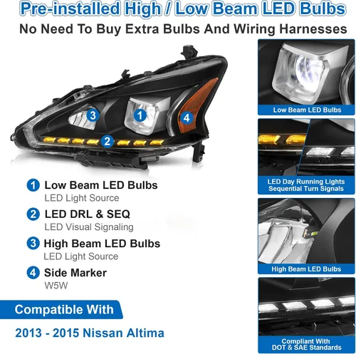 Vista 5 de Conjunto de faros delanteros con proyector 500% más brillante para 2013-2015 13-15 Altima con DRL LED, luz de giro secuencial 2013 2014 2015 13 14