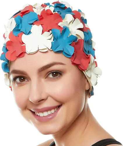 Vista 10 de Gorro de baño floral de pétalo para damas BEEMO, gorra de natación retro para mujeres, pelo largo/corto