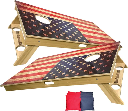 Vista 5 de Serie American Flag – Tablas de cornhole prémium con portavasos y un asa, incluye 2 tablas de cornhole regulables de 4 x 2 pies con madera