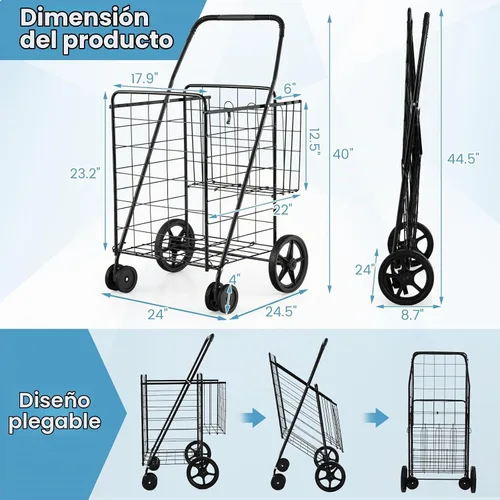 Vista 8 de COSTWAY Carrito de compras plegable, carrito de comestibles de metal con cesta adicional Ruedas delanteras giratorias de 360° y mango cómodo, Negro