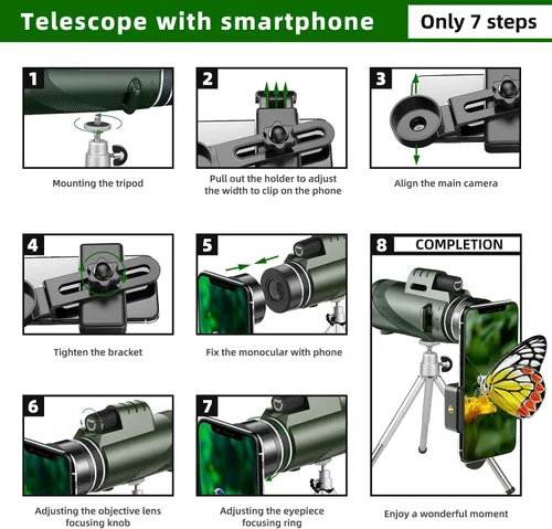 Vista 2 de 12x50 High Power Handheld Monocular Telescope with Smartphone Adapter and Tripod - Lightweight Design Ideal for Bird Watching