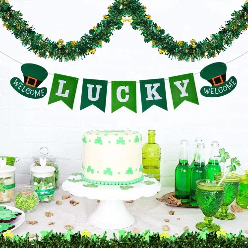 Vista 3 de Guirnalda de oropel del día de San Patricio de 40 pies, guirnalda de oropel metálica con purpurina de trébol verde dorado y verde decoración