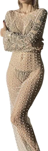 Vista 3 de Vestido de malla transparente con diamantes de imitación de perlas para mujer, cubierta de traje de baño de manga larga para playa