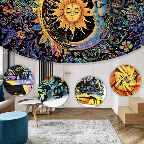 Vista 5 de Tapiz de sol y luna, psicodélico, místico, floral, hippie, bohemio, flores, tapices de pared, tapices estéticos vintage para colgar en la pared