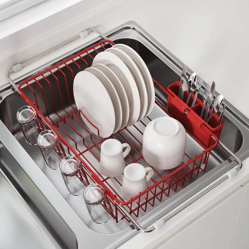 Vista 13 de Estante de secado de platos sobre el fregadero, expandible, pequeño, negro, escurridor para secar para la encimera de la cocina, metal de acero