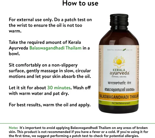Vista 4 de Kerala Ayurveda Balaswagandhadi Thailam - Aceite de masaje ayurvédico para cuerpo con Ashwagandha - Equilibra la Vata y la pita, calma la mente