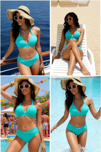 Vista 7 de Yonique Traje de baño de dos piezas para mujer, conjunto de bikini push up, traje de baño halter, traje de baño vintage Verde Aqua