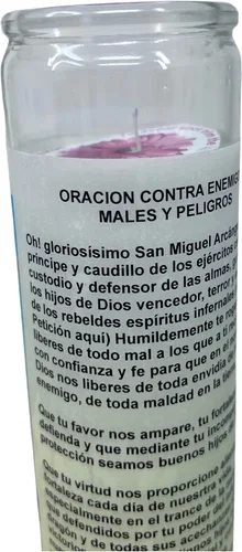 Vista 3 de San Miguel Arcangel 14 oz vaso grande una pieza oración vela de una pieza 14 oz de alto vidrio oración al reverso en español Blanca sin aroma